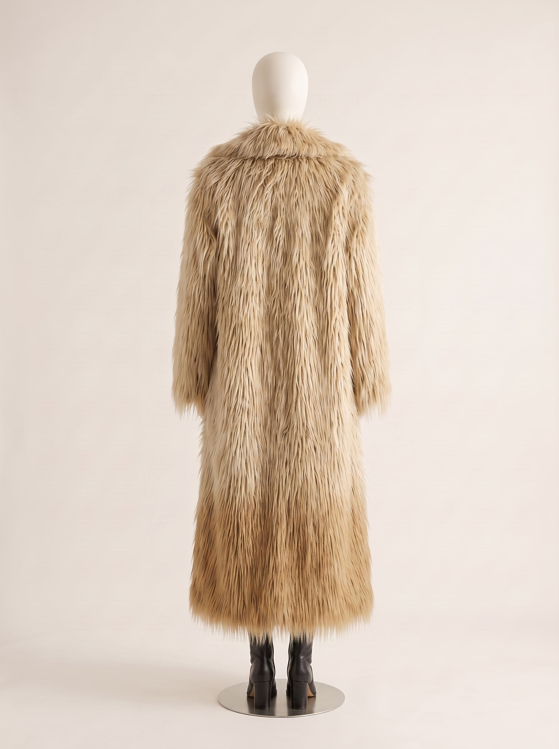 Alabaster, back view of a custom faux fur coat by Kroja