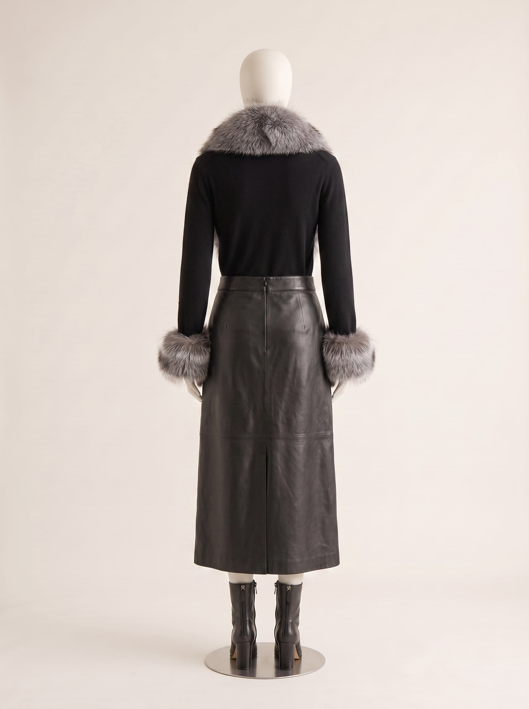 Cinder, back view of a custom fox fur coat by Kroja