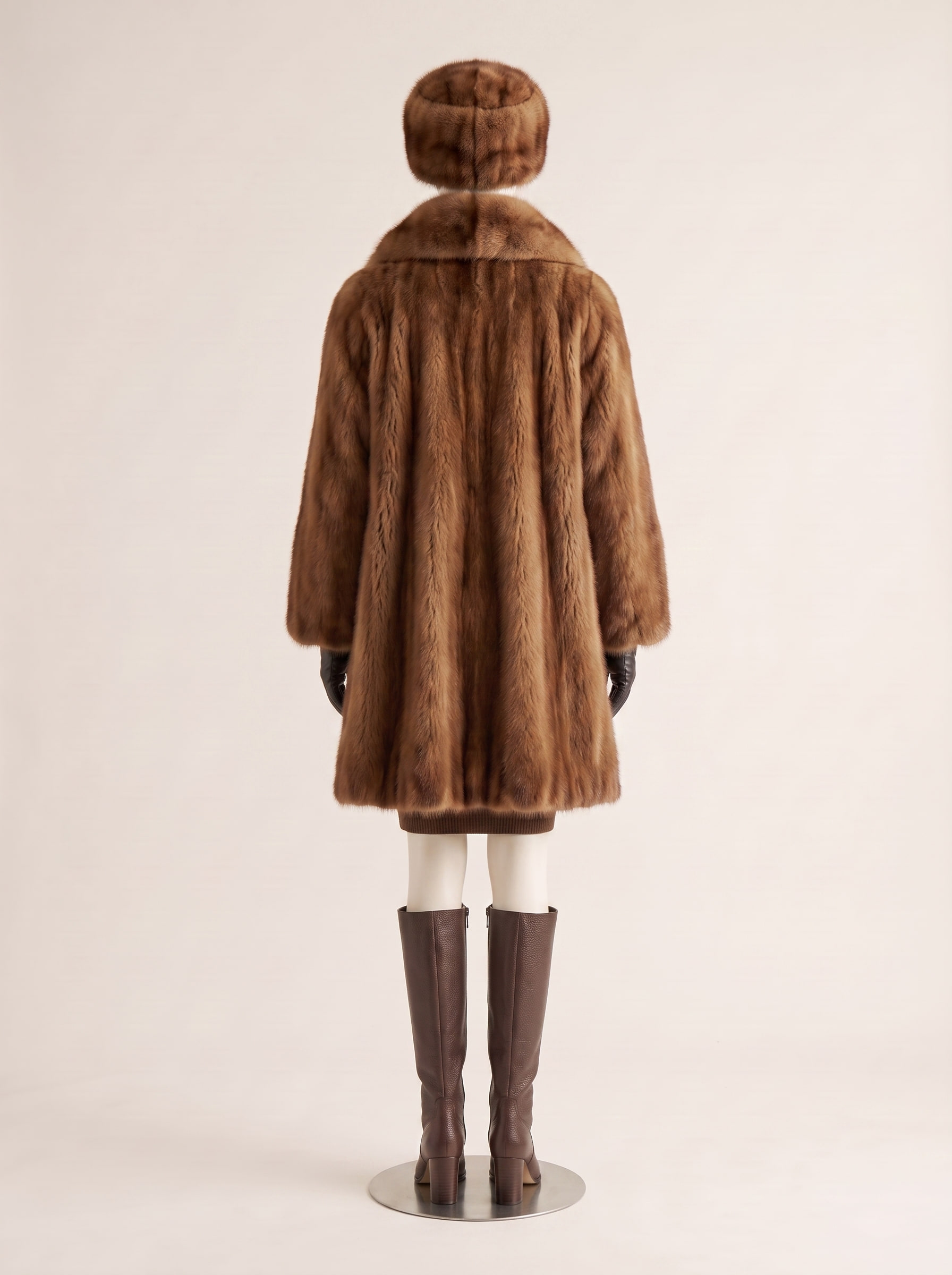 Cognac, back view of a custom fur coat by Kroja
