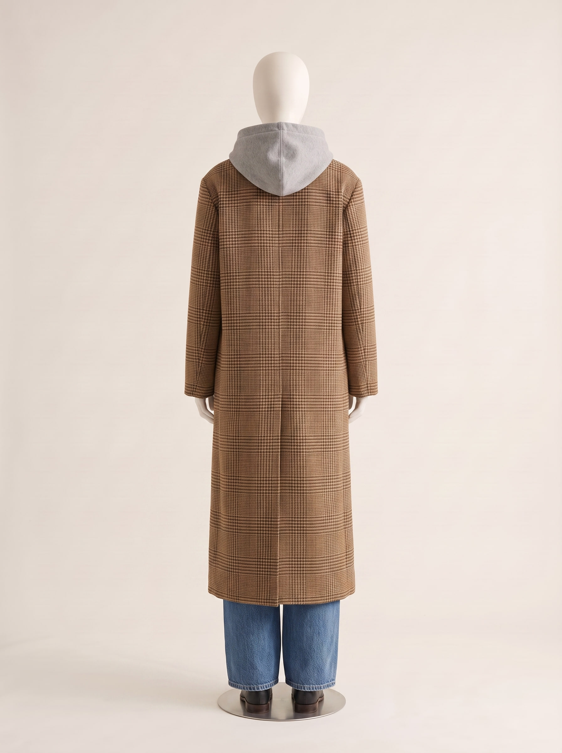Covert, back view of a custom wool check coat by Kroja
