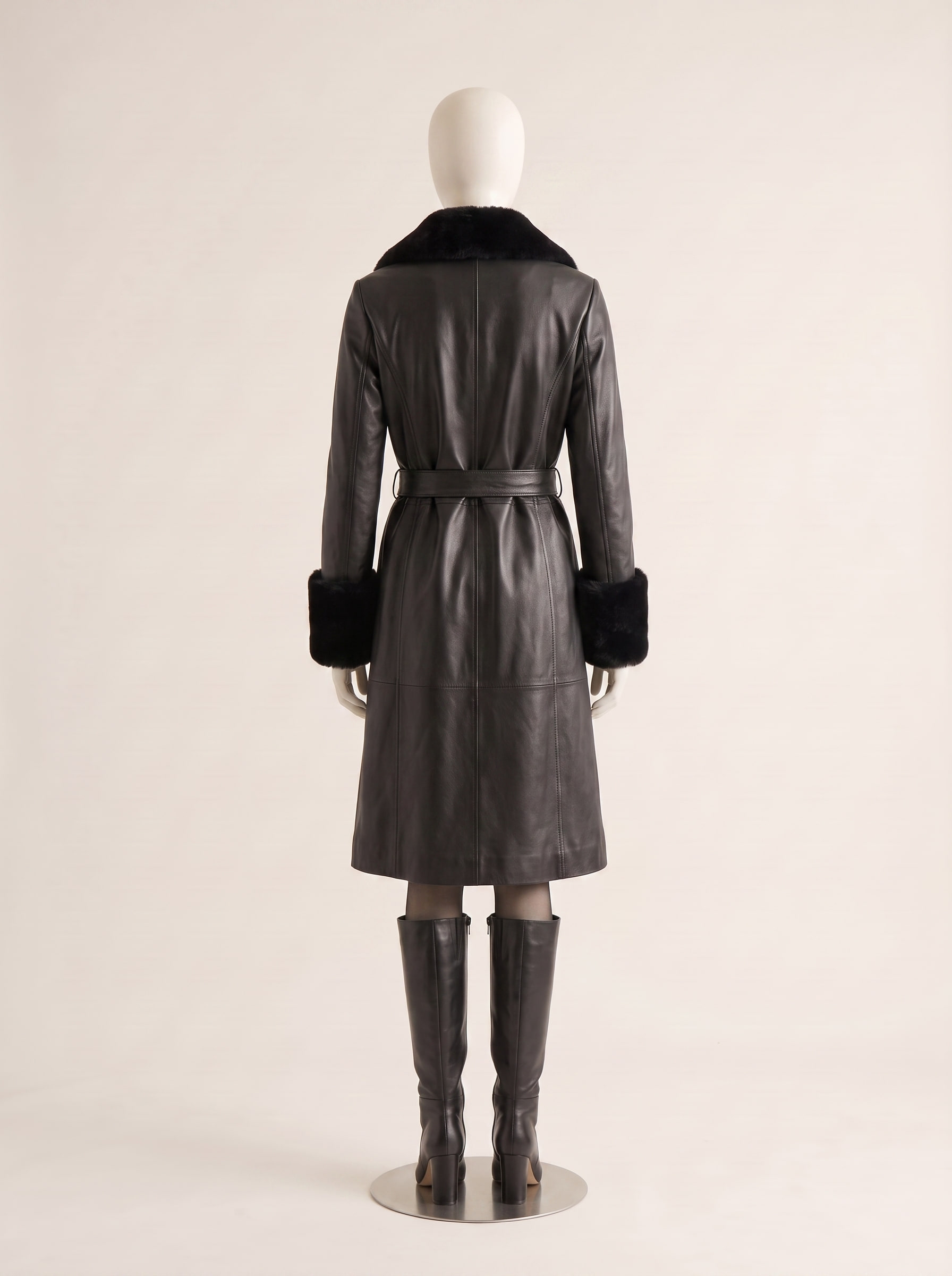 Nocturne, back view of a custom leather coat by Kroja